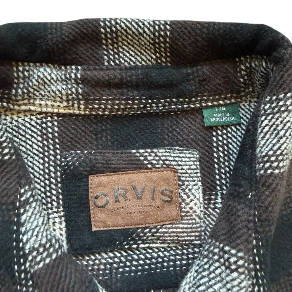 Orvis Mens Plaid Flannel Shirt Jacket L Brown Beige Plaid Overshirt Gorp Outdoor